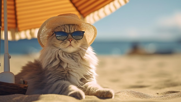 Photo cat in sunglasses sunbathing on the beach on vacation