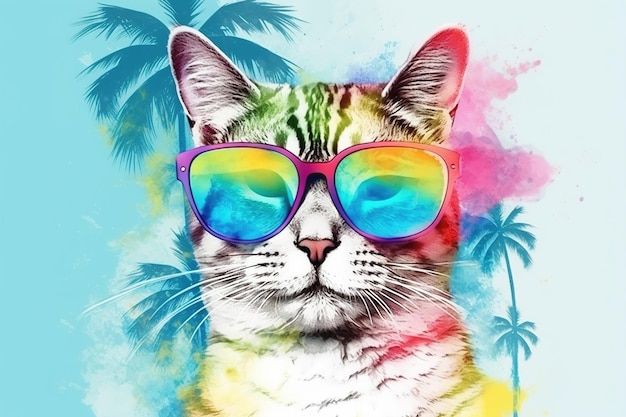 Cat in sunglasses on tropical beach portrait of pet on vacation illustration generative AI