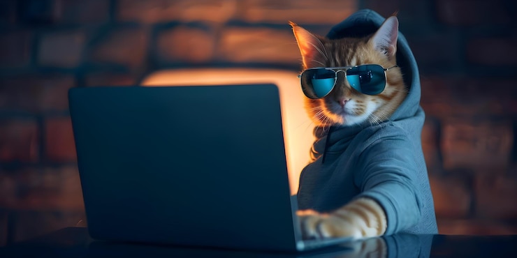 Photo cat in sunglasses using laptop at night hacker in hoodie theme concept cat sunglasses laptop night hacker