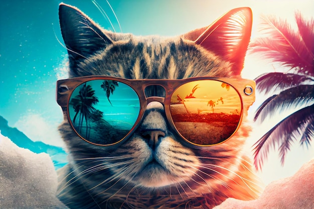 Cat in sunglasses with reflection of beach with palms Generative AI