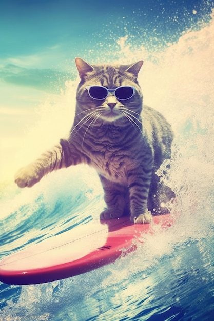 cat surfing in the sea