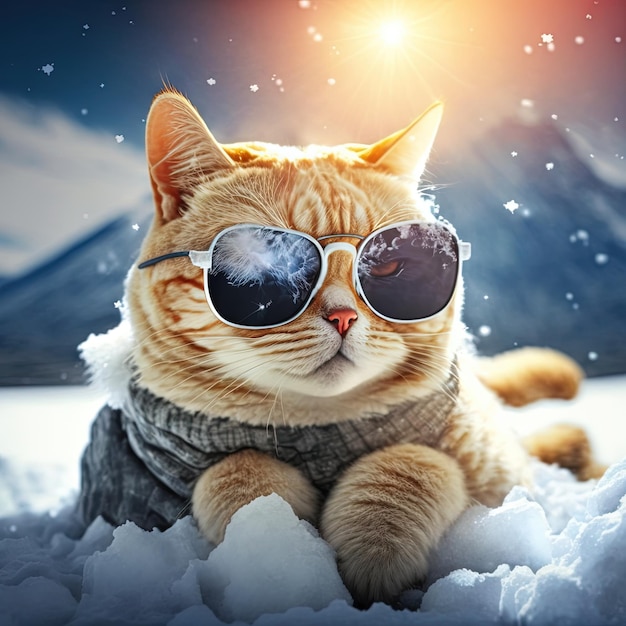 A cat in a sweater and sunglasses lies in the snow.