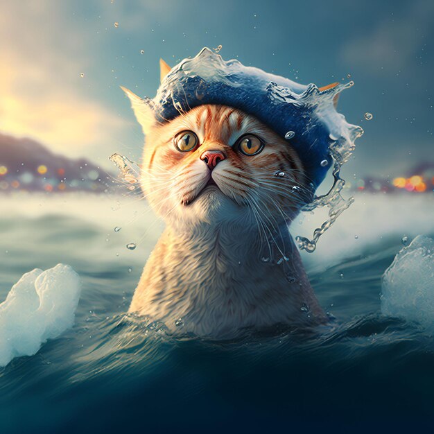 Cat swim in the water illustration