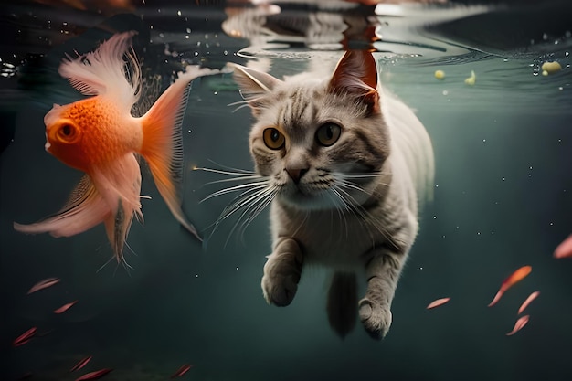 A cat swimming in a pool of goldfish