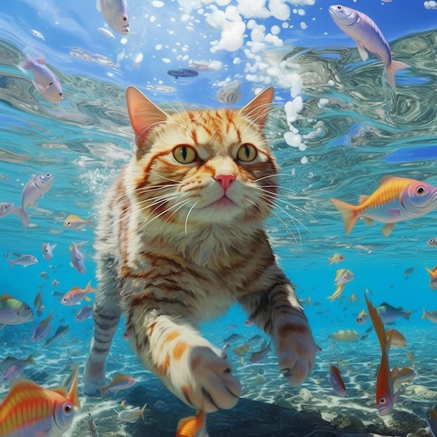 A cat swimming under the sea with fish on the bottom.