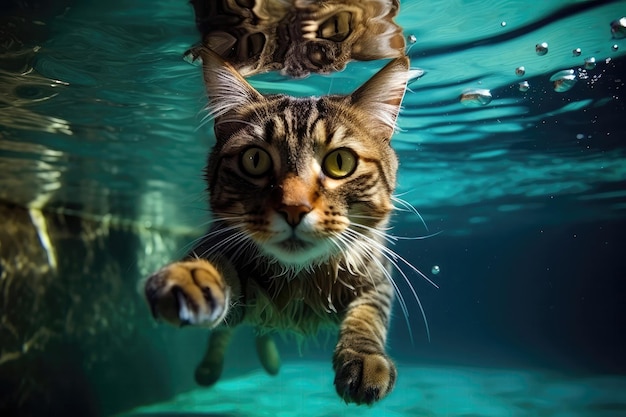 Photo cat swimming underwater in pool generative ai