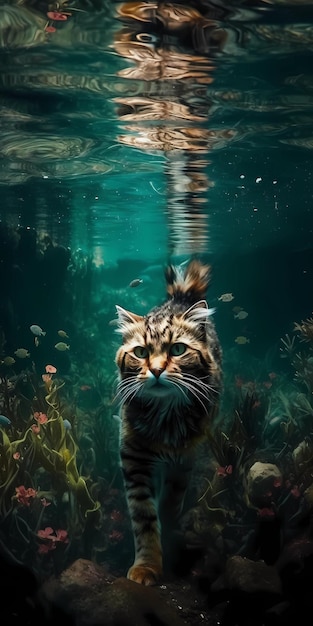 A cat swimming under water with a fish in the bottom.