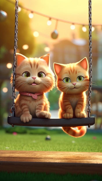 A cat on a swing with a pink bow tie