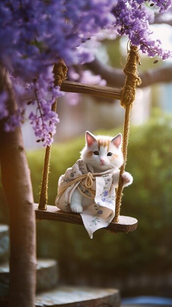 A cat on a swing with a ribbon that says'i love cats '