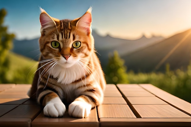 A cat on a table with mountains in the background