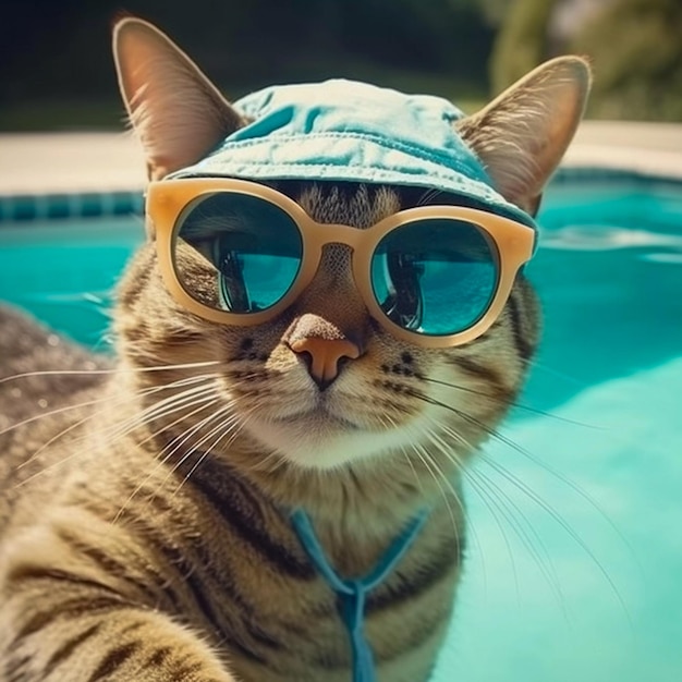 Cat take selfie photo on swimming pool Generative AI
