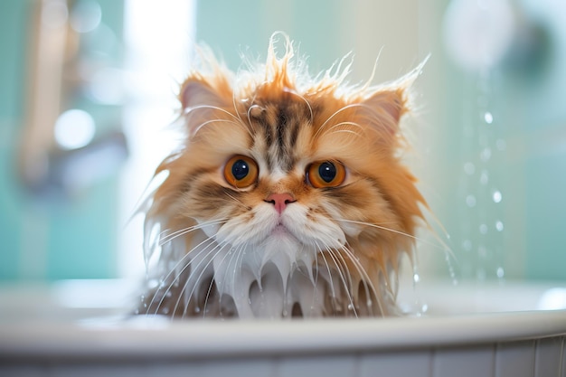 Cat taking a bath with shampoo Generative AI