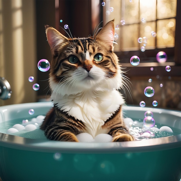 Foto un gatto che fa un bel bagno con delle bolle in giro