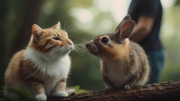 cat talking to rabbit