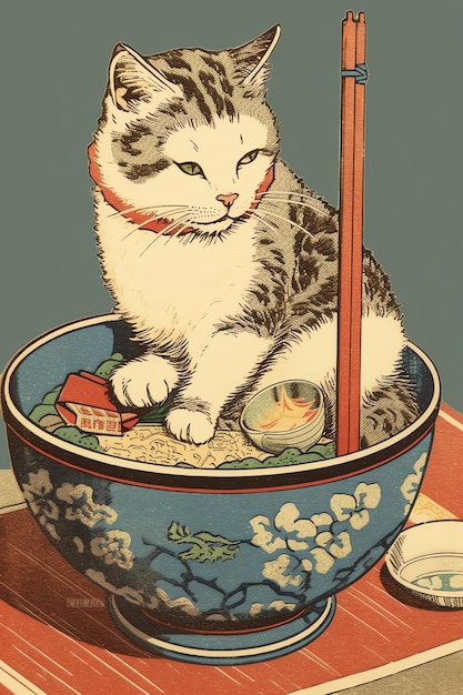 Photo cat and a teacup anime art vibrant color schemes japan style