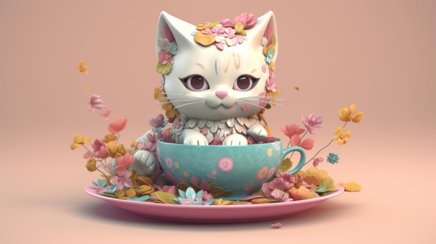 A cat in a teacup with flowers on it