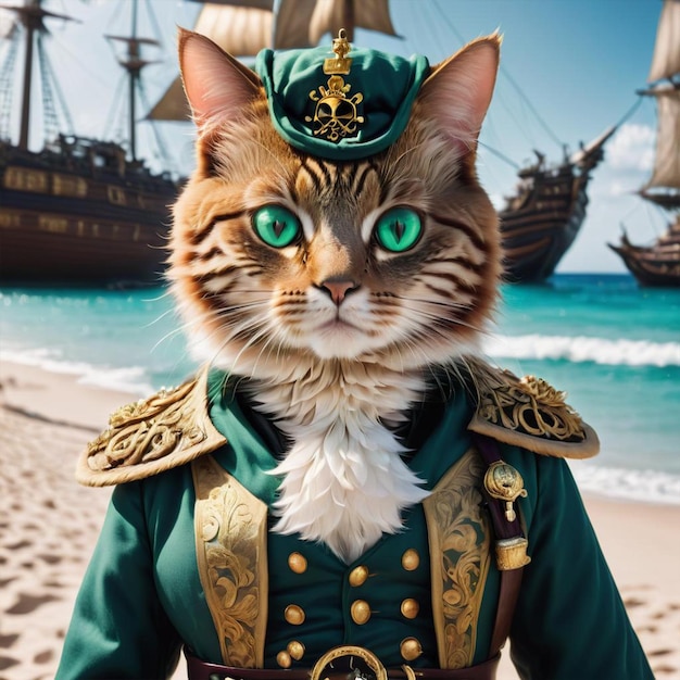 A cat that has a green eye and a gold crown on it