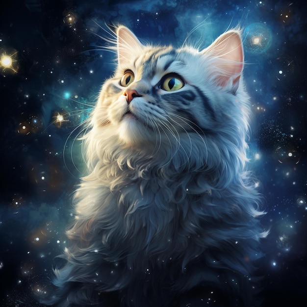 a cat that has yellow eyes and a blue background with stars.