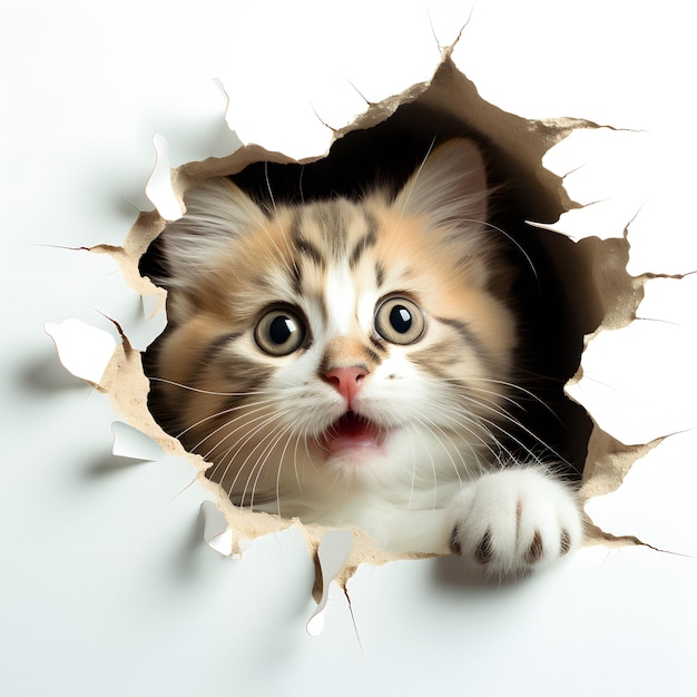 cat that is looking out of a hole in the wall Generative AI