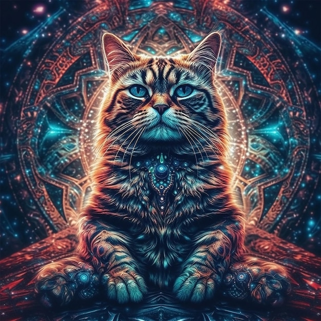 Cat that is meditating in outer space trippy psychedelic fractals neon Generative Ai