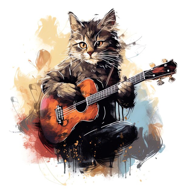 a cat that is playing a guitar with a guitar