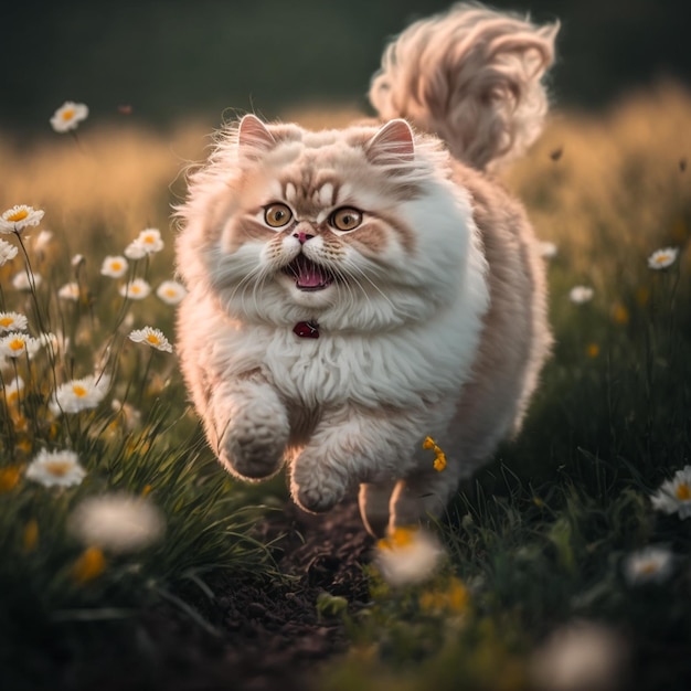 A cat that is running in a field of daisies