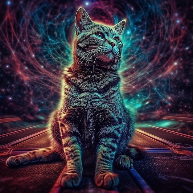 Cat that is sitting in outer space trippy psychedelic fractals neonGenerative Ai