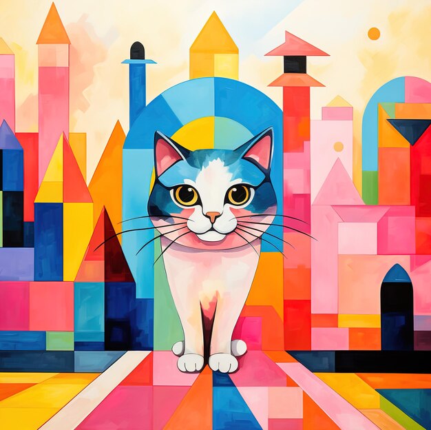 A cat that is standing in front of a colorful background