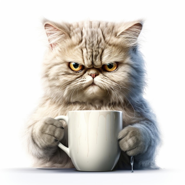 a cat that looks angry holding his cup of coffee