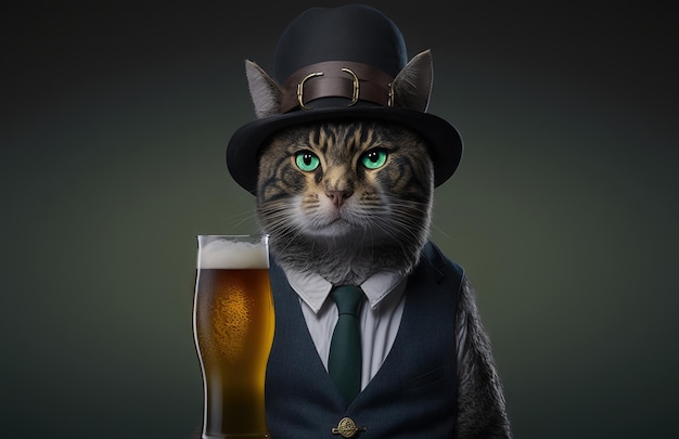 A cat in a top hat and a hat holds a glass of beer