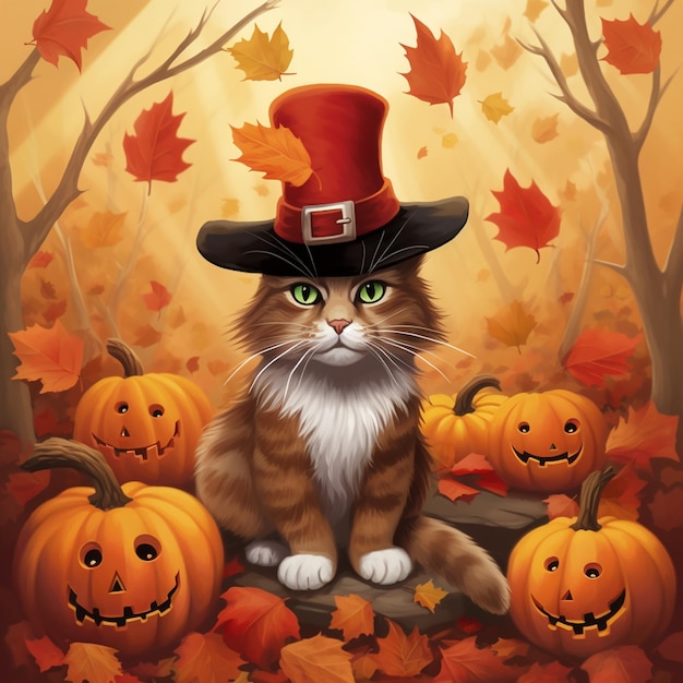 A cat in a top hat and a hat sits in a forest of pumpkins