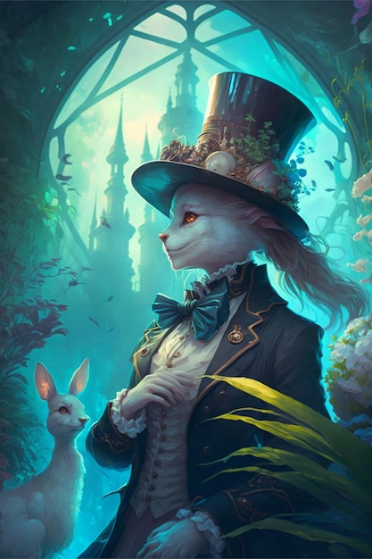 A cat in a top hat and a rabbit