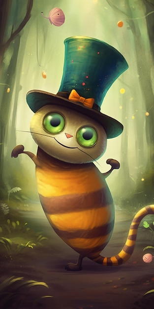 A cat in a top hat stands in the woods.