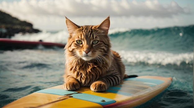 Cat on top of a surfboard