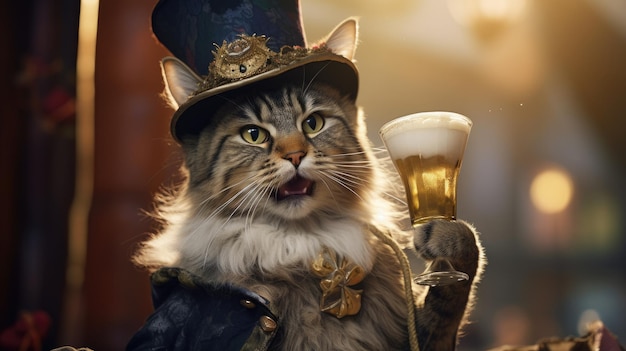 Cat in traditional Bavarian costume holding a beer mug for Oktoberfest celebration Generative AI