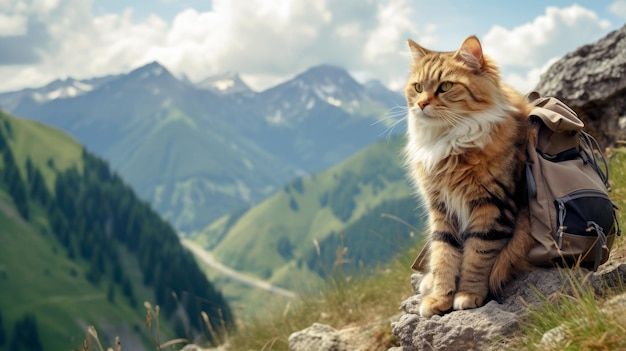 Foto gatto viaggiatore con uno zaino in montagna