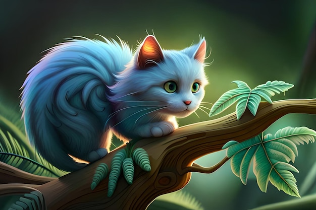 A cat on a tree branch with green eyes