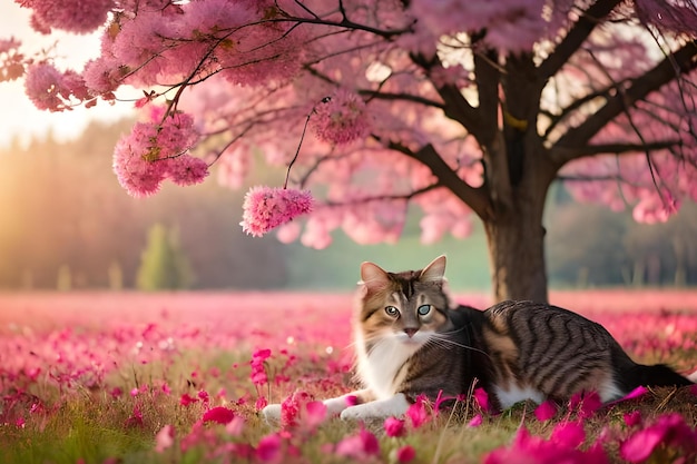 A cat under a tree with pink flowers