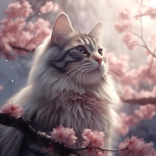 A cat in a tree with pink flowers