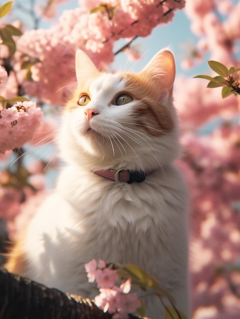 A cat in a tree with pink flowers