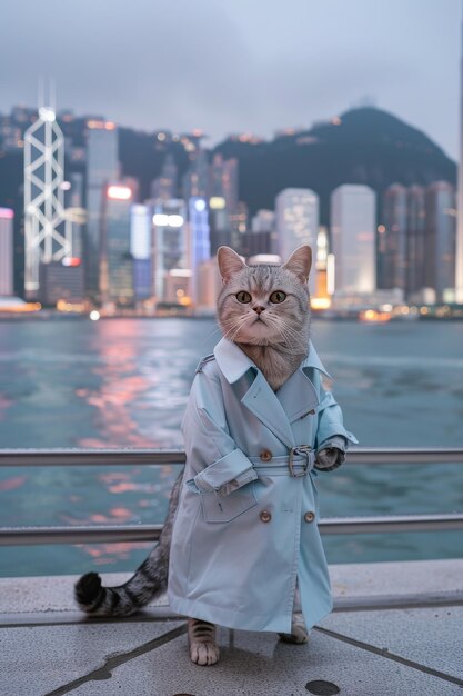 Cat in a Trench Coat on Pier