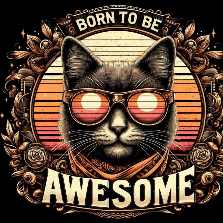 Photo cat tshirt design wearing glasses with the words born to be awesome vintage