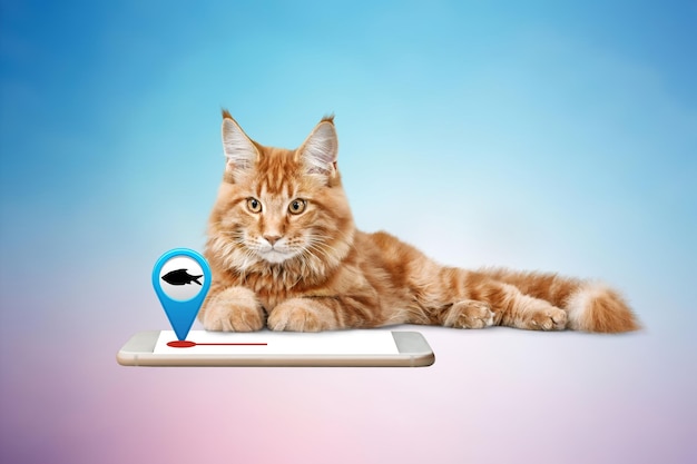 스마트 폰에서 앱을 사용하는 고양이. 기술을 사용하는 재미있는 애완동물이나 주인을 흉내내는 애완동물.