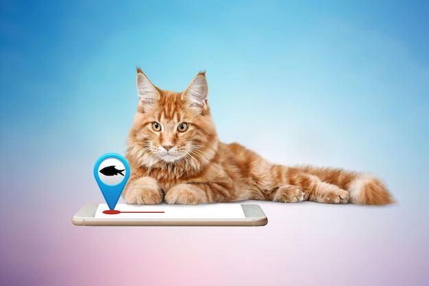 Cat using an app on smart phone. Funny pets using technology or pets imitating owners.