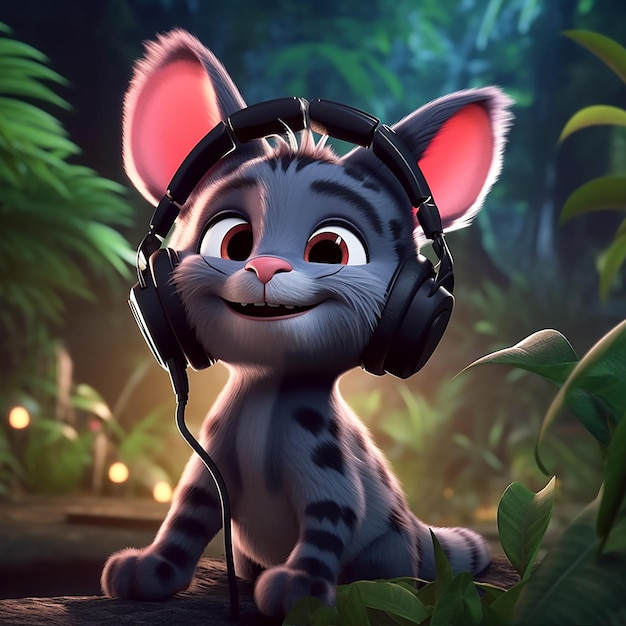 ジャングルのイラストでヘッドフォンを使用する猫