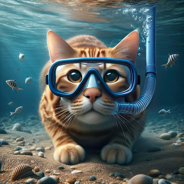 Photo cat on vacation relaxing chilling beach scuba diving snorkeling wearing swimming glass gopro action