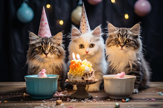 Cat verjaardag feest vieren kittens met taart en ijs en kaarsen feest dieren