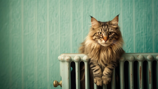 Cat next to the Vintage heater against the background of the wall empty space for text Heating cold AI generated