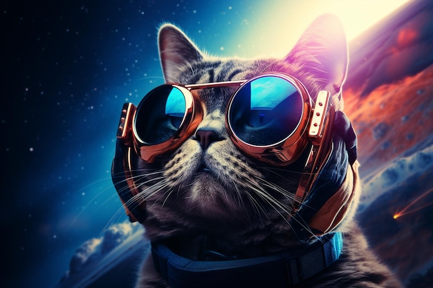 Cat in VR glasses in space