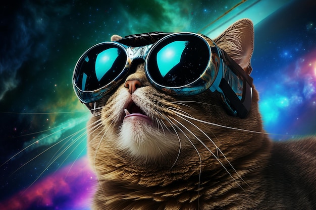 Cat in VR glasses in space